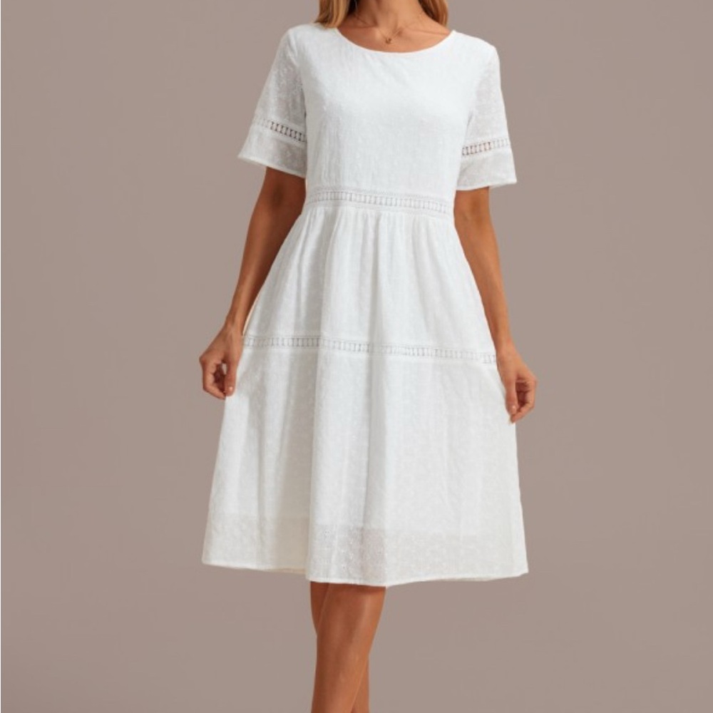 Love Olive Co White A-Line Lace Short Sleeve Midi Dress